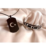 Ay Yıldız Türk Bayrağı Figürlü Çelik Kolye&Bileklik Set (Siyah)