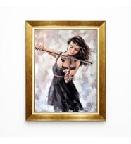 Tablore Gold Çerçeveli Keman Çalan Kadın Yağlıboya Görünümlü Tablo - Modern Müzik ve Sanat Duvar Dekorasyonu