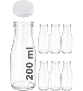 200 ml Şeffaf Şişe Süt, Ayran, Su, Limonata, Meşrubat Şişesi 200 Cc Yırtmalı Kapaklı Cam Şişe 6 Adet (6, Beyaz Kilitli Kapak, 200)