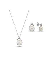 Damla Doğal İnci Küpe Kolye İkili Set (Beyaz)