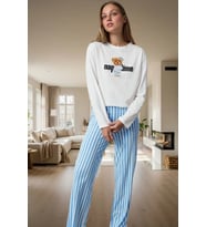 Çizgili Ayıcıklı Kadın Pijama Takımı %100 Pamuk Rahat ve Şık Yüksek Kalite Seçkin Malzeme (Beyaz)