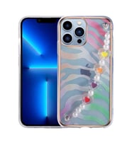 iPhone 12 Pro Max Kılıf Pilla Renkli Kalp Desenli Tutacak Kılıf (Yeşil-Pembe)