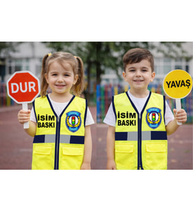 Çocuk Trafik Görevlisi Yeleği Fermuarlı ,Reflektörlü – Kişiye Özel İsim Baskılı Eğitici Ürün (B.Sarı)
