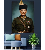 Askeri Üniformalı Mustafa Kemal Atatürk Dekoratif Kanvas - Mdf Ahşap Tablo