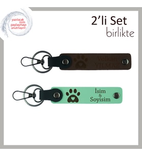 Kedisiyle Özel Bağı Olanlara Kalıcı Hatıra, Pati ve Kalp Motifli Anahtarlık, Koyu Kahve-Açık Yeşil