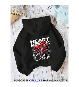 Unisex Heart Break Baskılı Oversize Baskılı Kapşonlu Sweatshirt 3 Iplik (Siyah)