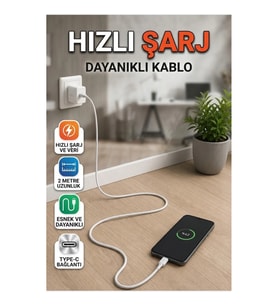 2 Metre USB-A to Type-C Hızlı Şarj Kablosu Esnek ve Dayanıklı
