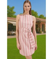 Şık Keten Dokulu Çizgili Mini Elbise Kemerli Viskoz Karışımlı Yazlık Özel Tasarım Modern Stil (Çok Renkli)