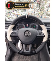 Skoda Kodiaq Dikme Direksiyon Kılıfı Delikli Deri Parlak Siyah Bej Detay Çift Yüzük ve Dikiş 2016-2020