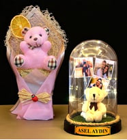 Kişiye Özel İsimli 3 Fotoğraflı Led Işıklı Fanus ve Pembe Peluş Ayıcık Buketi (Model 1)