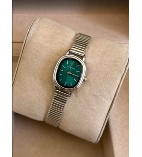 Gümüş Renk Kaplama Çelik Kordonlu Şık VIP Model Oval Yeşil Kadranlı Kadın Saati  Vintage Şıklık