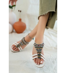 Khayt Rosa Anatomik Fashion Taşlı Günlük Kadın Sandalet (Beyaz)