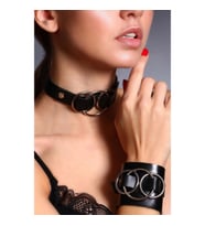 Üç Halka Detaylı Deri Choker Boyun Aksesuar Ve Bileklik Takım (Kırmızı)