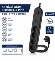 SH-4625 4'lü USB Type-C Akım Korumalı Priz