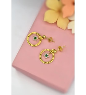 925 Ayar Gümüş Gold Kaplama Yıldız Çember, Mini Taşlı Çiçek Sallantılı Küpe (Yeşil)