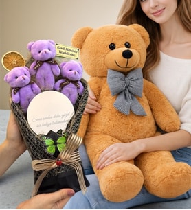 Premium Ayıcık Buketi Seti Büyük Boy Peluş Ayıcık ve Kişiye Özel Aynalı Mor Ayıcık Buketi
