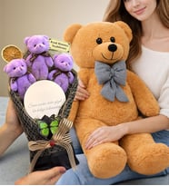 Premium Ayıcık Buketi Seti Büyük Boy Peluş Ayıcık ve Kişiye Özel Aynalı Mor Ayıcık Buketi (Model 1)