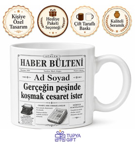 İsimli Bülten Temalı Gazeteci Kupası Kişiye Özel Baskılı Hediye Bardak