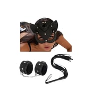 Fantezi Deri  Siyah Kedi Maske Kelepçe Kırbaç Seti ( 3’lü set)