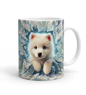 3D Sevimli Mavi Gözlü Beyaz Köpek Baskılı Kupa Bardak – Buzul Desenli (300 ml)