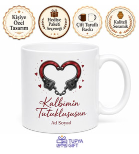 Kelepçe Çizimli Kalbimin Tutuklususun Sevgiliye Romantik Kupa Bardak Hediye
