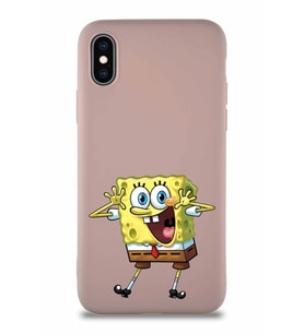 Apple iPhone XS Soft Premier Kapak Sünger Bob Tasarımlı Silikon Kılıf - Pudra (Şeffaf)