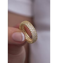925 Ayar Gümüş Zirkon Taşlı Gold 3 Sıra Tamtur Kadın Gümüş Yüzük