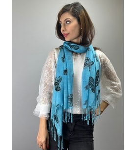 KELEBEK DESENLİ MAVİ KADIN FULAR ŞAL 160X65 CM