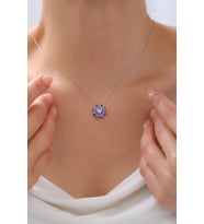 Gümüş Kalpli Lotus Çiçeği Kolye  925 Ayar Gümüş Kolye (Mor)