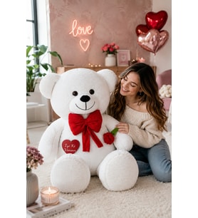 130 cm Güllü Kalpli Papyonlu Büyük Ayıcık %100 yerli (Beyaz)