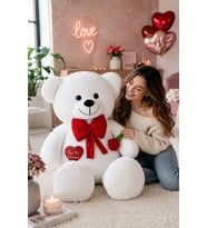 130 cm Güllü Kalpli Papyonlu Büyük Ayıcık %100 yerli (Beyaz)
