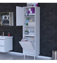 Modilayn 50 x 163,4 x 32,5 cm 2 Kapak 3 Bölmeli Kirli Çamaşır Dolabı Sepetli Banyo Dolabı (Beyaz)