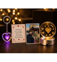 Kişiye Özel Fotoğraflı I love you Işıklı Küre ve Kalpli Işıklı Anahtarlık Hediye Seti