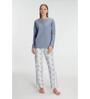 Kadın Açık Mavi Uzun Kollu Alt Kısmı Etnik Desenli Pijama Takımı (Renksiz)