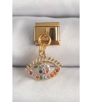 pilelistore 316L Çelik Gold Renk Sallantı Renkli Zirkon Taşlı Göz Model Nomination Charm - TJ-BC1343