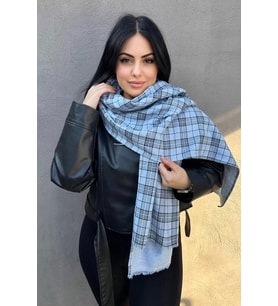 Caş Dekorasyon Mavi Renk Ekose Desenli Şal/Atkı