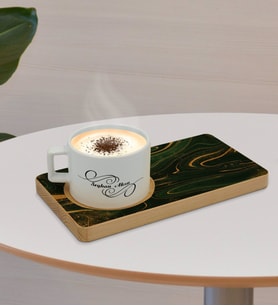 BK Gift Kişiye Özel Mermer Tasarımlı Doğal Ahşap Tabaklı Seramik Fincan Sunum Seti  Model 4