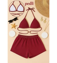 Mulvxbrf Brf02 Kadın Bordo Şortlu Belden Ve Boyundan Bağlamalı Bikini Takımı (Mulvix)