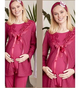MECİT 5006 Hamile Lohusa Pijama Sabahlık 3Lü Takım (Fuşya)