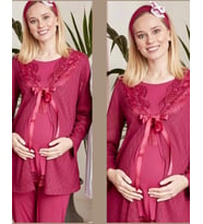 MECİT 5006 Hamile Lohusa Pijama Sabahlık 3Lü Takım (Fuşya)