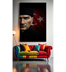 ATATÜRK VE TÜRK BAYRAĞI 1 Ev Duvar Salon Güzellik Salonu Ofis Dükkan Dekarasyon Kanvas Tablo (Çok Renkli)