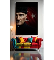 ATATÜRK VE TÜRK BAYRAĞI 1 Ev Duvar Salon Güzellik Salonu Ofis Dükkan Dekarasyon Kanvas Tablo (Çok Renkli)