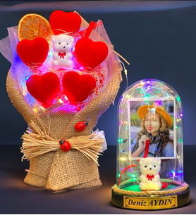 Size Özel Renkli Led Işıklı Fanus ve Renkli Led Işıklı Kalp Buketi Hediye Seti (Model 10)