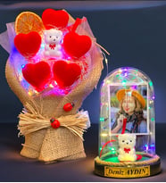 Size Özel Renkli Led Işıklı Fanus ve Renkli Led Işıklı Kalp Buketi Hediye Seti (Model 10)