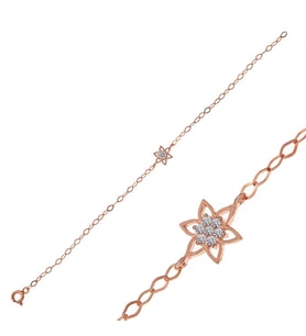Aya Diamond Gümüş Rose Çift Zincirli Kalp Zirkon Taşlı Halhal