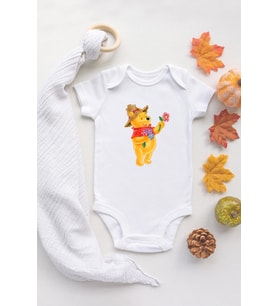 Sevimli Ayı Winnie The Pooh Organik Baskılı %100 Pamuklu Beyaz Çıtçıtlı Body Zıbın