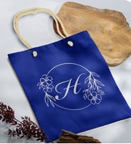 BK Gift Kişiye Özel Harfli Saks Mavi Halat Saplı Kumaş Bez Çanta-5, Baskılı Omuz Çantası, Alışveriş Çantası