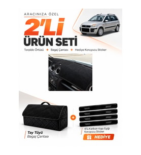 e-biz FORD FUSİON (2009-2012) Uyumlu Torpido Örtüsü + Tay Tüyü Bagaj Çantası Seti - Siyah - FO038