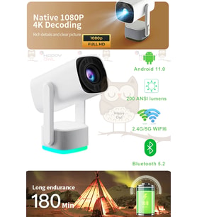 Yüksek parlaklıklı 4K taşınabilir projeksiyon cihazı, Android 11, 1080p, 200 ANSI