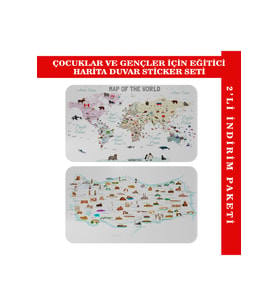 Eğitici Öğretici Dünya Ve Türkiye Haritası Çocuk Odası Duvar Sticker-3884-85x130